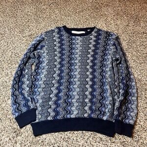 Perry Ellis Sweater Knit Blue Wave Pattern‎ Crew Neck Pullover No Size